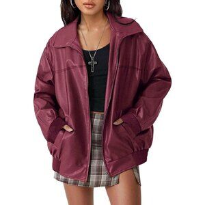 Women's Burgundy Faux Leather Zip-Up Jacket with Ribbed Cuffs and Pockets